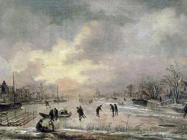 The image shows a winter landscape with skaters on a frozen river, surrounded by houses, trees, and...