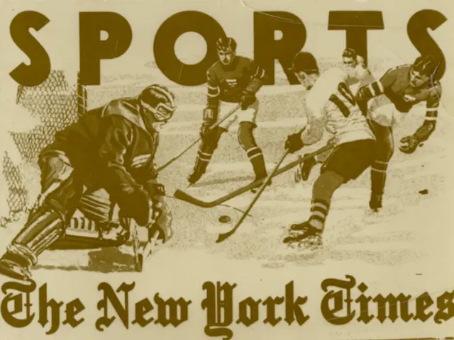 The image shows a poster of a group of people playing hockey, each holding a hockey stick and...