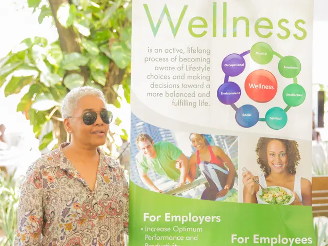 The image shows a woman wearing goggles standing next to a sign that reads "Wellness for Employers"...