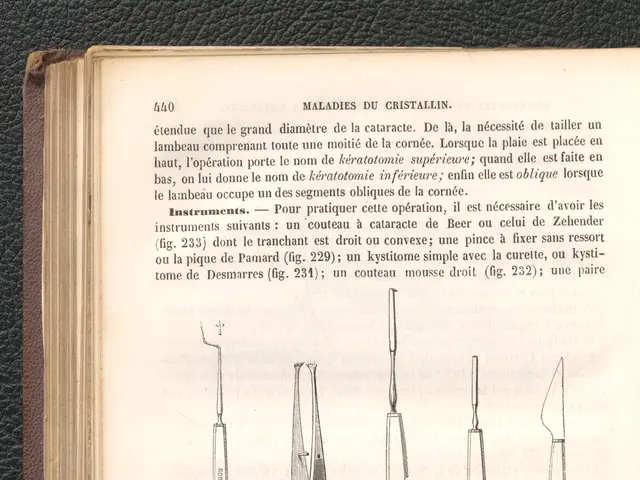 The image shows an open book with a drawing of various tools on it, placed on a black surface. The...