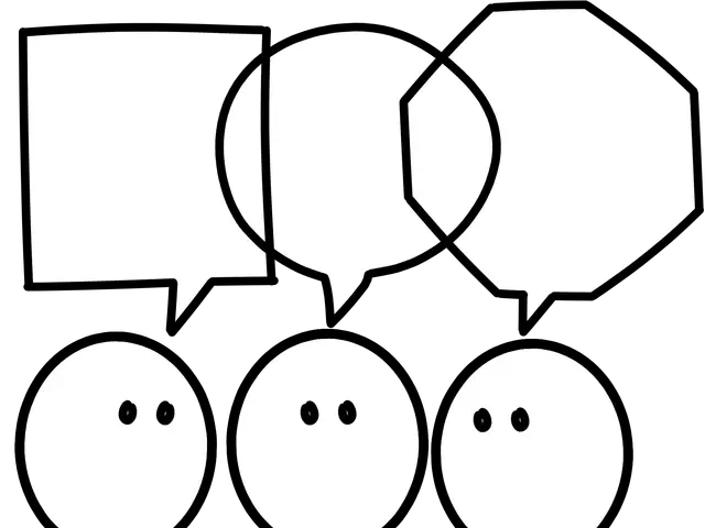 The image shows a black and white drawing of three people with speech bubbles above them. The...