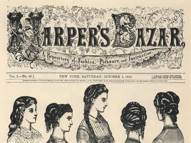 The image shows a paper with pictures of women with different hairstyles from Harper's Bazaar, a...
