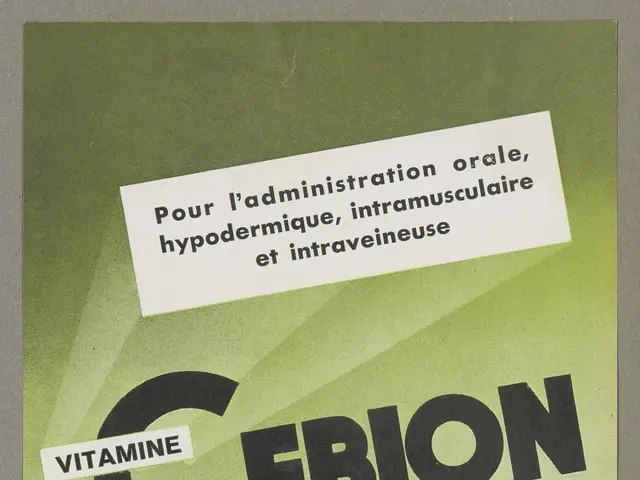 The image shows a poster with a bottle of Cebion Merck Vitamin C and a box of pills on it. The...