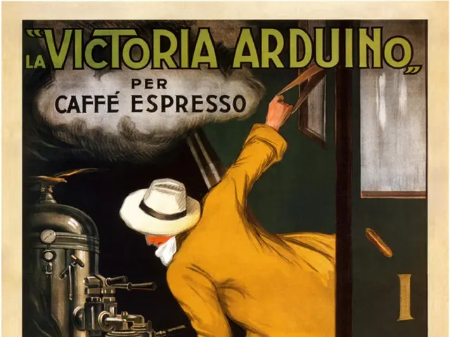 The image shows a poster of a man wearing a yellow dress and hat, holding a cup of coffee in one...