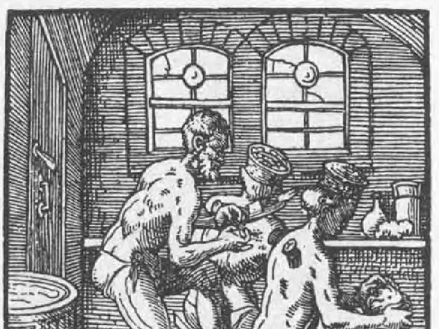 The image shows a black and white engraving of a man and woman in a room with a baby in a tub. The...