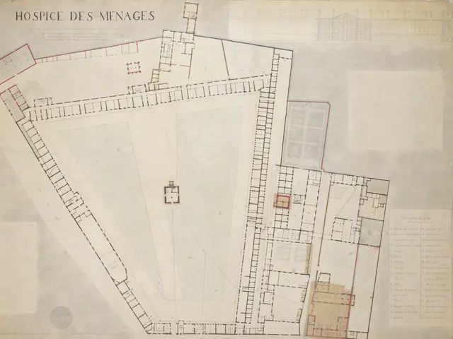 The image shows a drawing of a plan of a building with a lot of rooms, likely the hospice des...