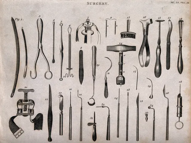The image shows an old book with a variety of surgical instruments on it. The instruments are...