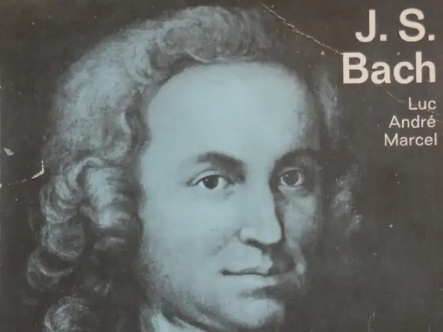The image shows a poster of J.S. Bach, a man with a human face. He is wearing a suit and has a...