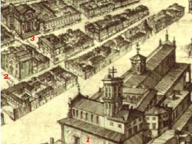 The image shows an aerial view of a city with a church in the middle, surrounded by buildings,...