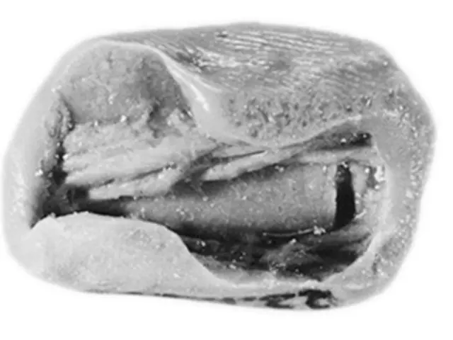 The image shows a black and white photo of a piece of ice on a white background. The ice appears to...