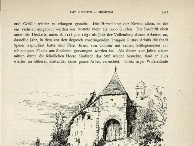 The image shows an old book with a drawing of a castle in the middle of it, surrounded by trees and...