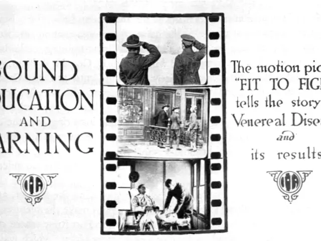 The image shows a poster with a black and white picture of a group of people in a room, with the...