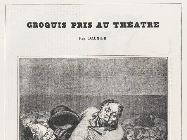 The image shows a black and white drawing of a group of people in a theatre, with a paper in the...