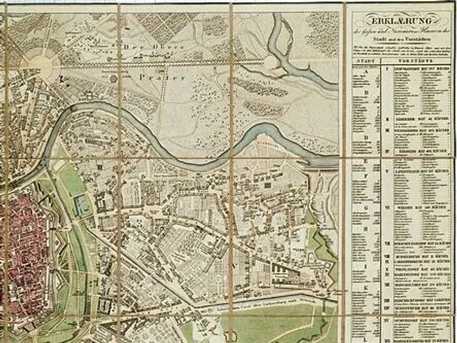 The image shows an old map of the city of Vienna, Austria, with text written on it. The map is...