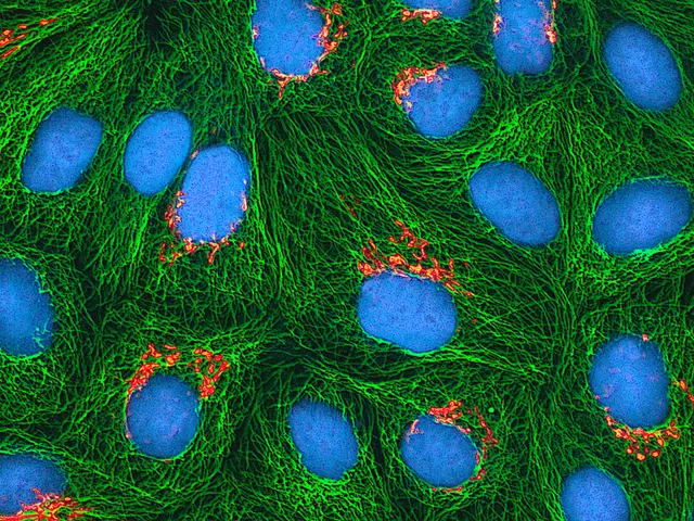 The image shows a close up of a cell with blue and green cells, which appear to be microorganism....
