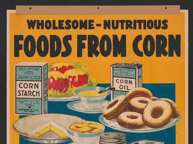 The image shows a poster with a variety of food items, such as fruits, vegetables, and grains,...