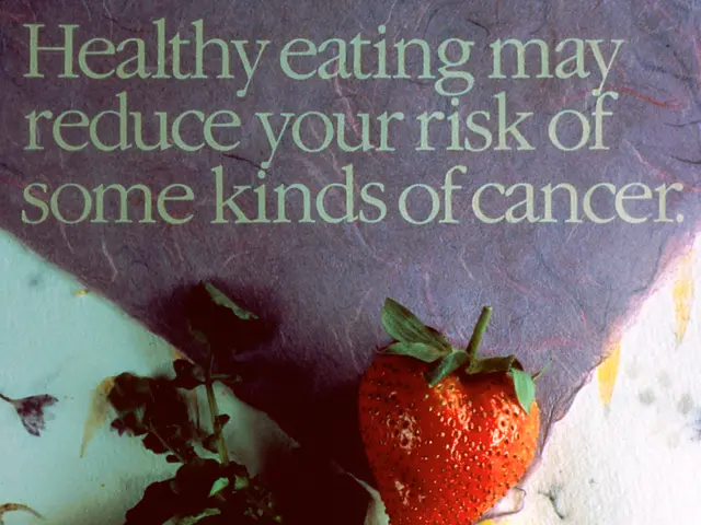 The image shows a poster with text that reads "healthy eating may reduce your risk of some kinds of...
