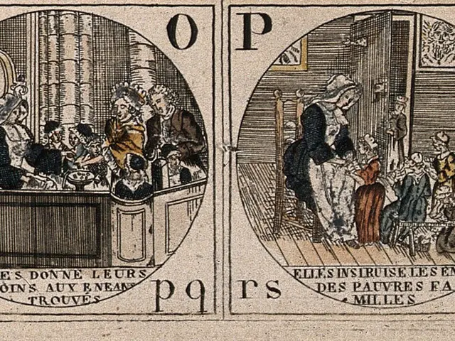 The image shows a black and white drawing of a group of people in a room, with a collage of...