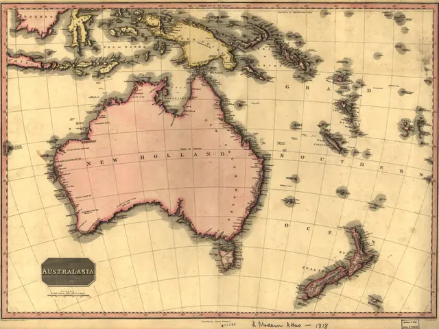 The image shows a poster of a map of Australia from 1813, depicting the extent of the British...