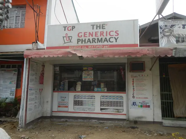 The image shows a pharmacy with a sign that reads "The Generics Pharmacy" surrounded by buildings,...