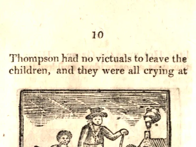 The image shows a paper with a drawing of a man and two children, with the text "Thompson had no...