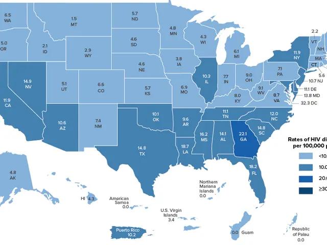 The image shows a map of the United States with blue areas indicating the percentage of people who...