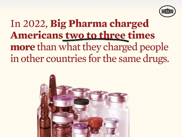 The image shows a poster with the text "In 2022, Big Pharma Charged Americans Two to Three Times...