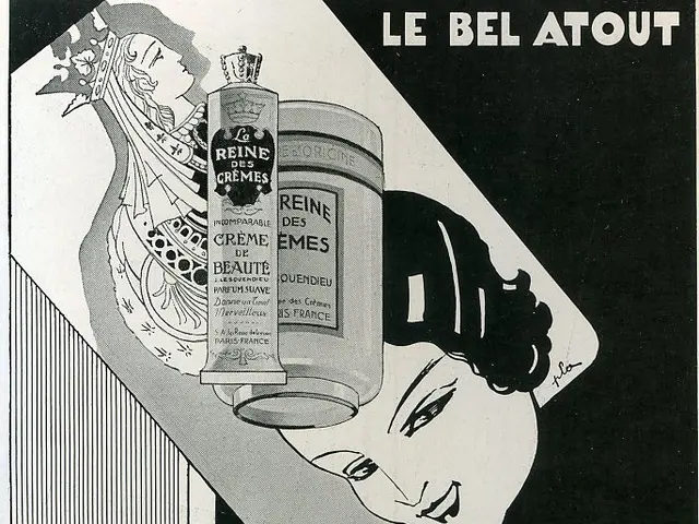The image shows an advertisement for La Reine des Crèmes, featuring a woman's face with a bottle of...