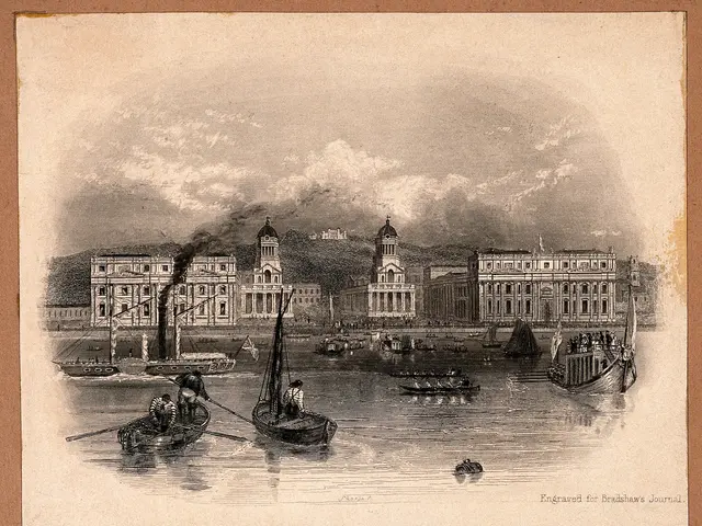 The image shows a view of Greenwich Hospital in London, England, with a few boats on the water and...