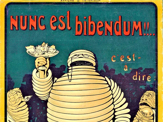 The image shows a poster with a cartoon of a Michelin man holding a plate of food in his hand. The...