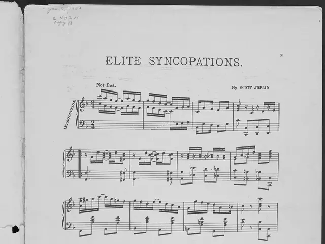 The image shows an open book with sheet music on it, titled "Elite Syncopations" by Scott Joplin....