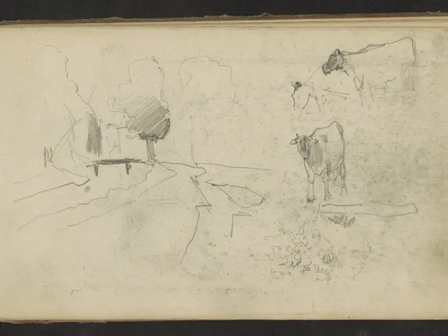 The image shows an open book with a drawing of two cows grazing in a field, surrounded by trees and...
