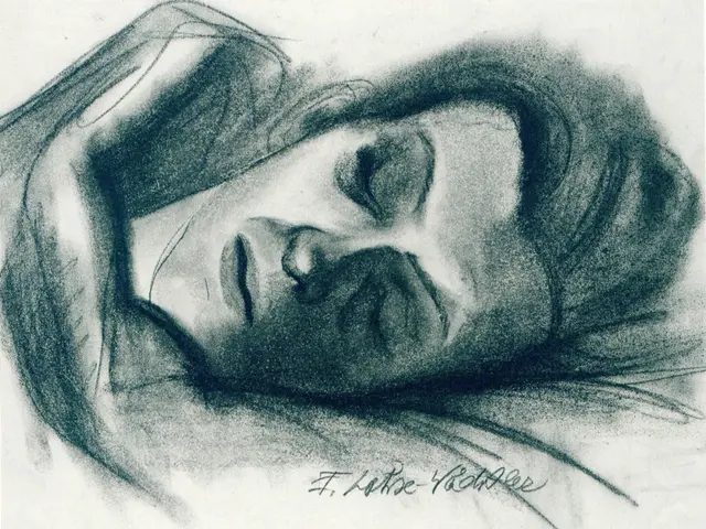 The image shows a pencil sketch of a woman with her eyes closed, her face illuminated by a soft...