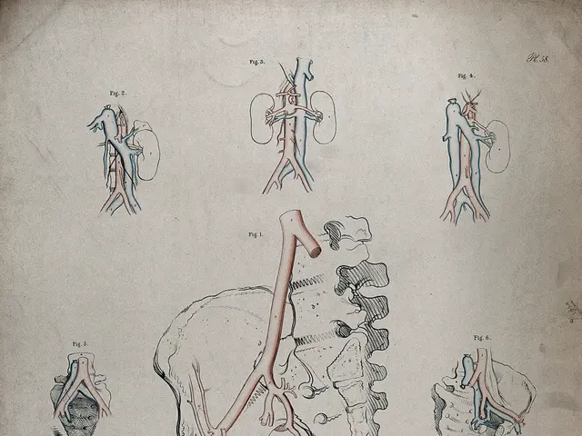 The image shows an old book with a drawing of a human heart on it. The drawing is detailed and...