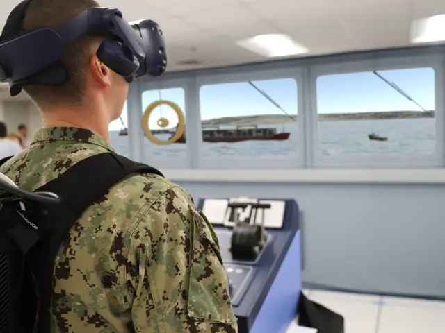 The image shows a man in a military uniform wearing a VR headset, standing in front of a control...