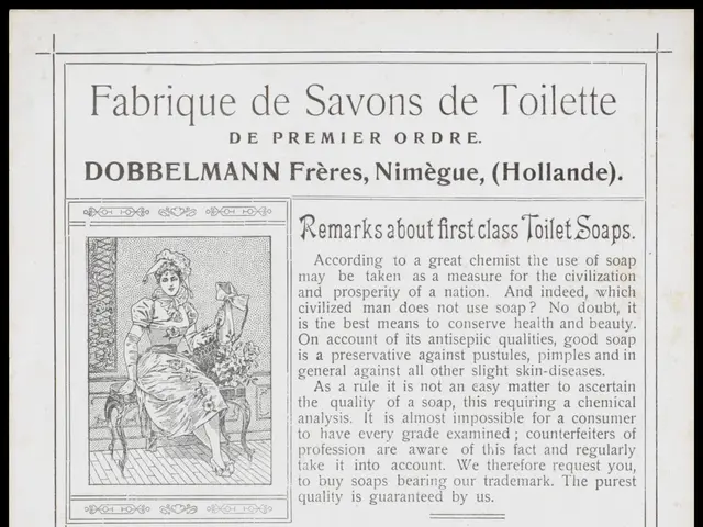 The image shows an old advertisement for a toilet with a picture of a woman sitting on a chair. The...
