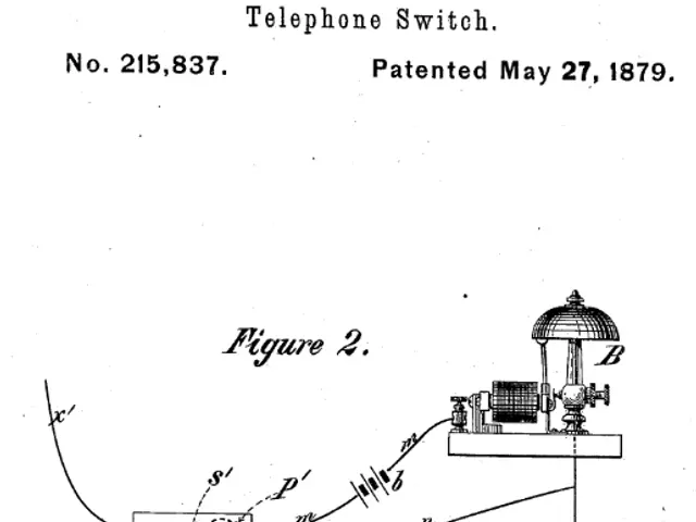 The image shows a patent drawing of a telephone switch with a pole and wires attached to it. The...