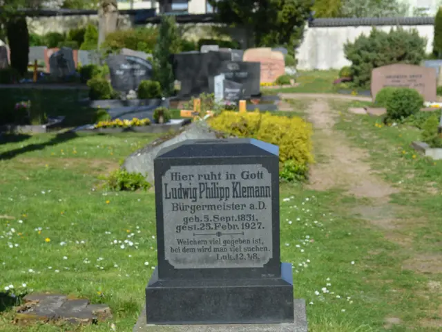 The image shows a graveyard with a gravestone in the center, surrounded by plants and flowers. In...