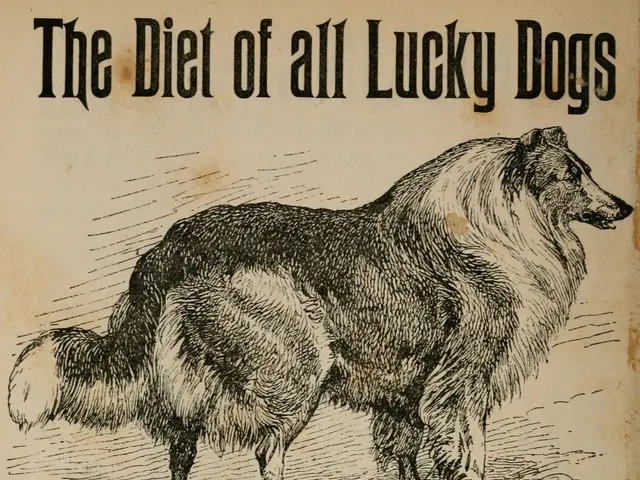 The image shows a poster with a picture of a dog and text that reads "Spratts Patent Dog Cakes -...