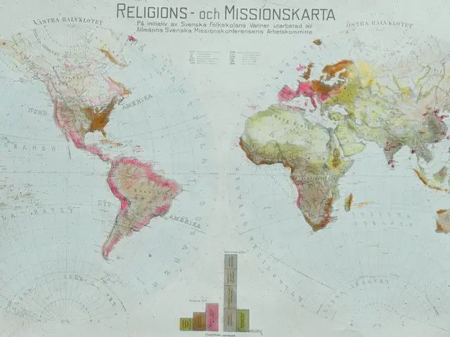 The image shows a poster with a map of the world on it, depicting the religions of the...