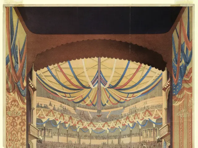 The image shows a view of the Brooklyn Sanitary Fair in 1854, with a group of people standing on...