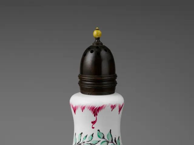 The image shows a white porcelain salt shaker with a black lid and a red and green design on it....