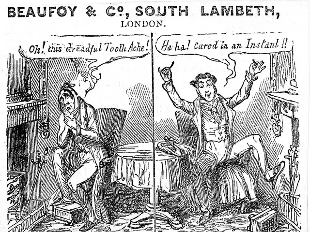 The image shows an advertisement for Beaufoy's Instant Cure for the Toothache, featuring two people...