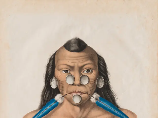 The image shows a drawing of a man with long hair and blue feathers on his head, which is believed...