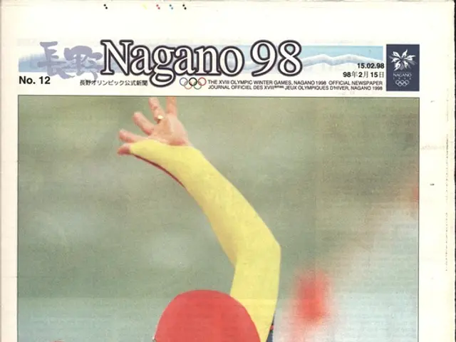 The image shows a poster of a person wearing a red, yellow and black dress, with the words "Nagano...