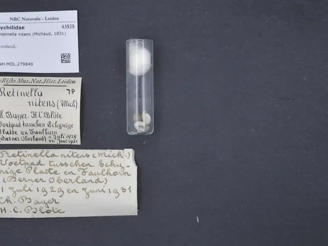 The image shows a small glass vial filled with white pills sitting on top of a black table, with...
