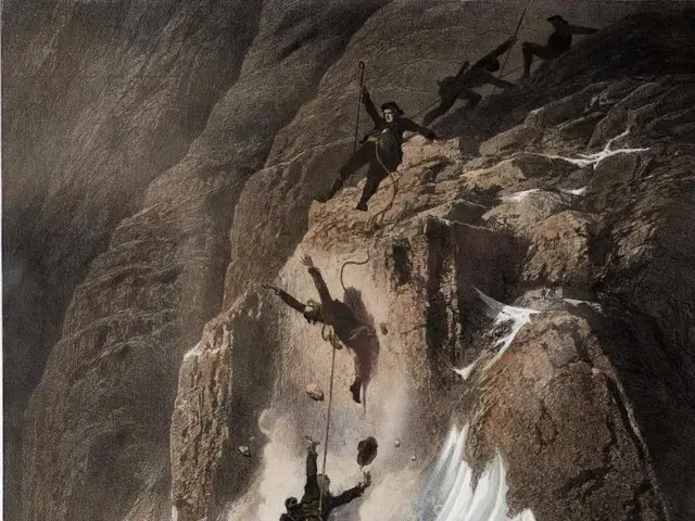 The image shows a group of people climbing up the side of a mountain, with a waterfall cascading...