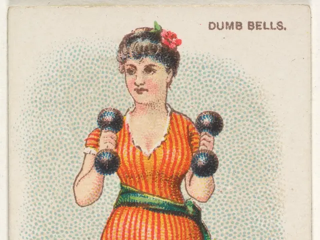 The image shows an old cigarette card with a woman in a bathing suit holding two dumbbells in her...