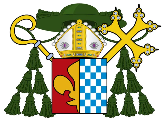 The image shows the coat of arms of the Vatican, which consists of a crown, two crossed swords, and...