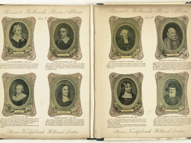 The image shows an open book with a variety of pictures of men on it. The pictures are arranged in...